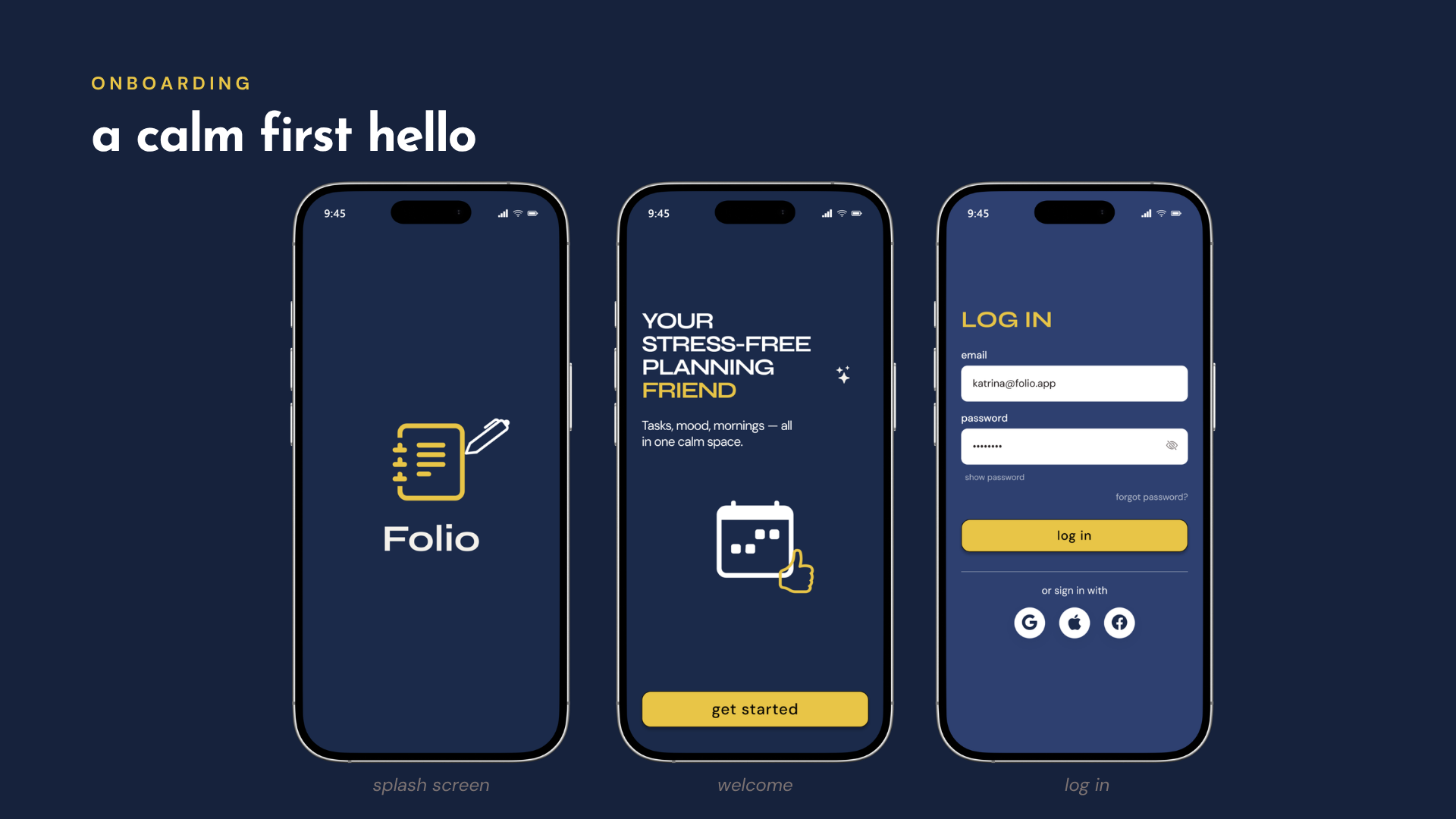 Folio — onboarding: splash, welcome, log in