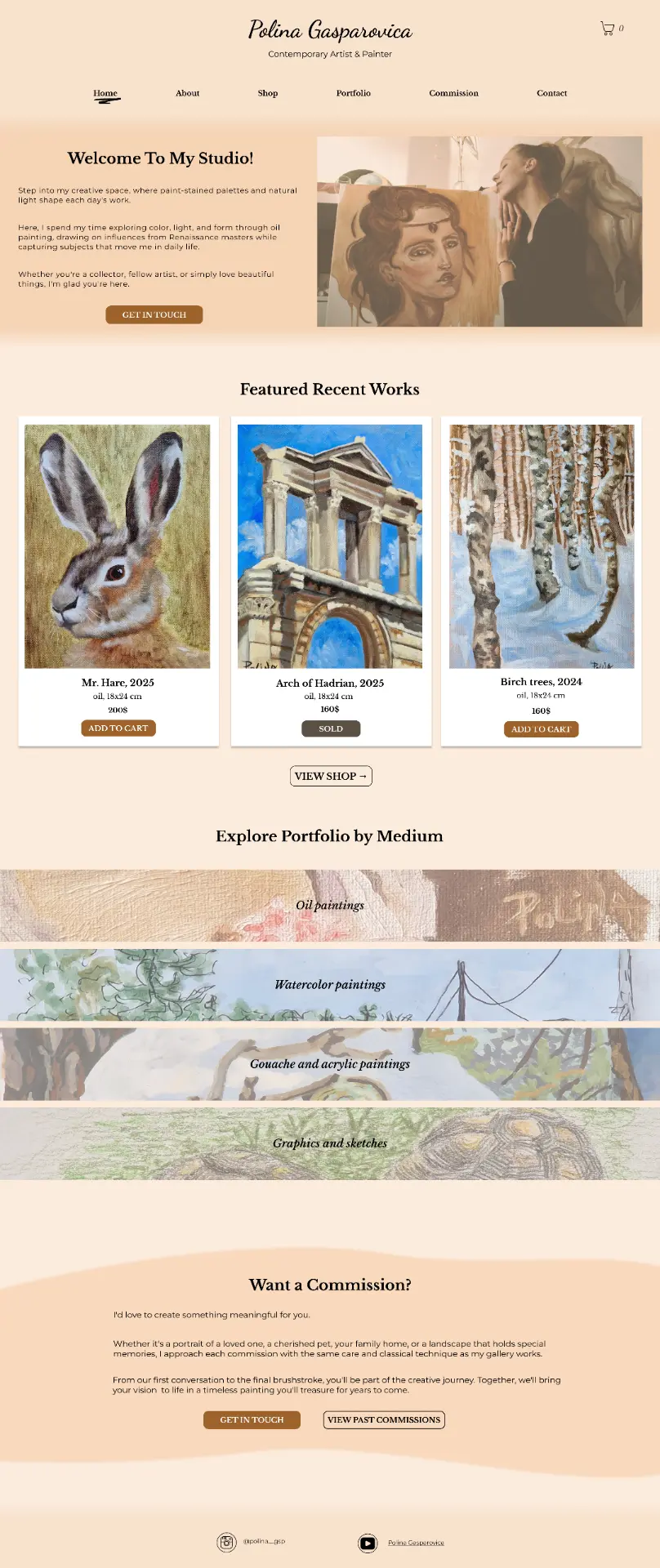 Polina Gasparovica homepage with studio introduction, featured works, medium categories and commission call to action
