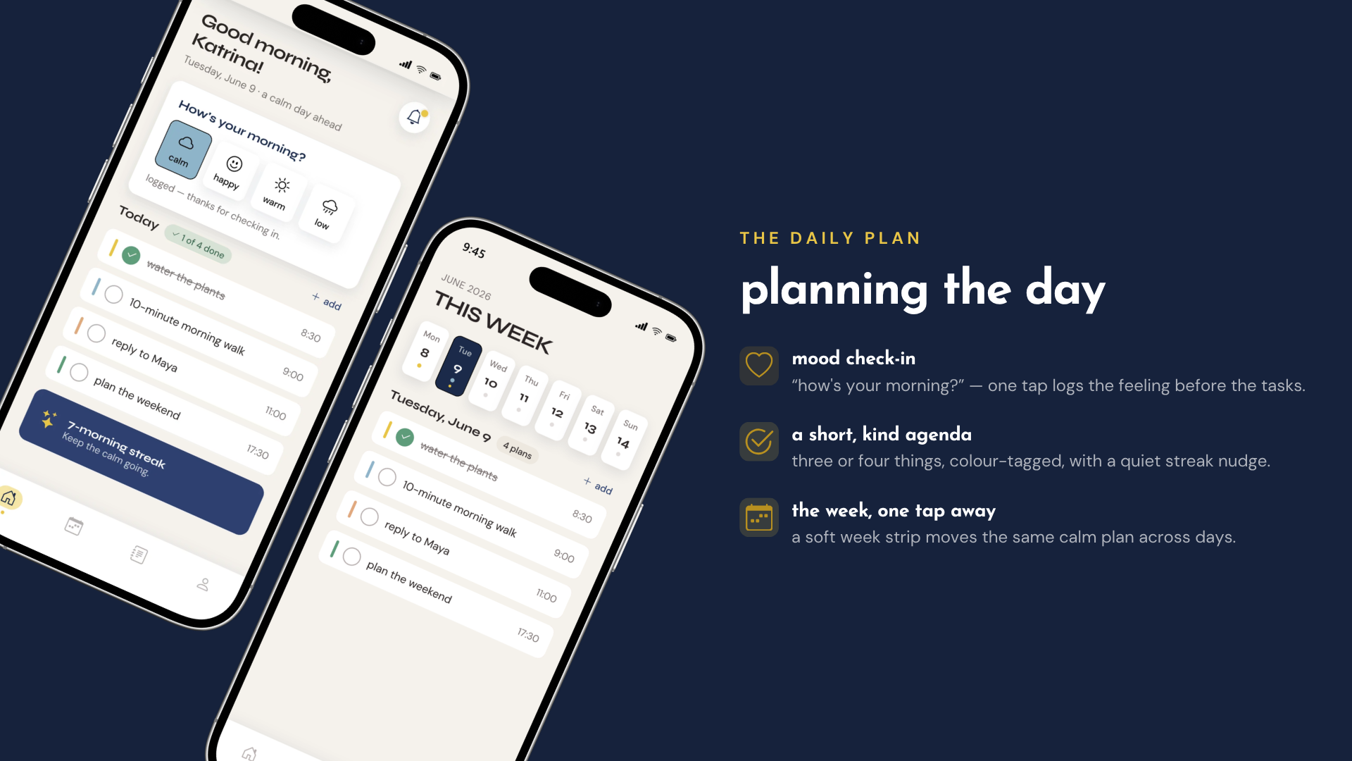 Folio — planning the day: mood check-in and weekly agenda