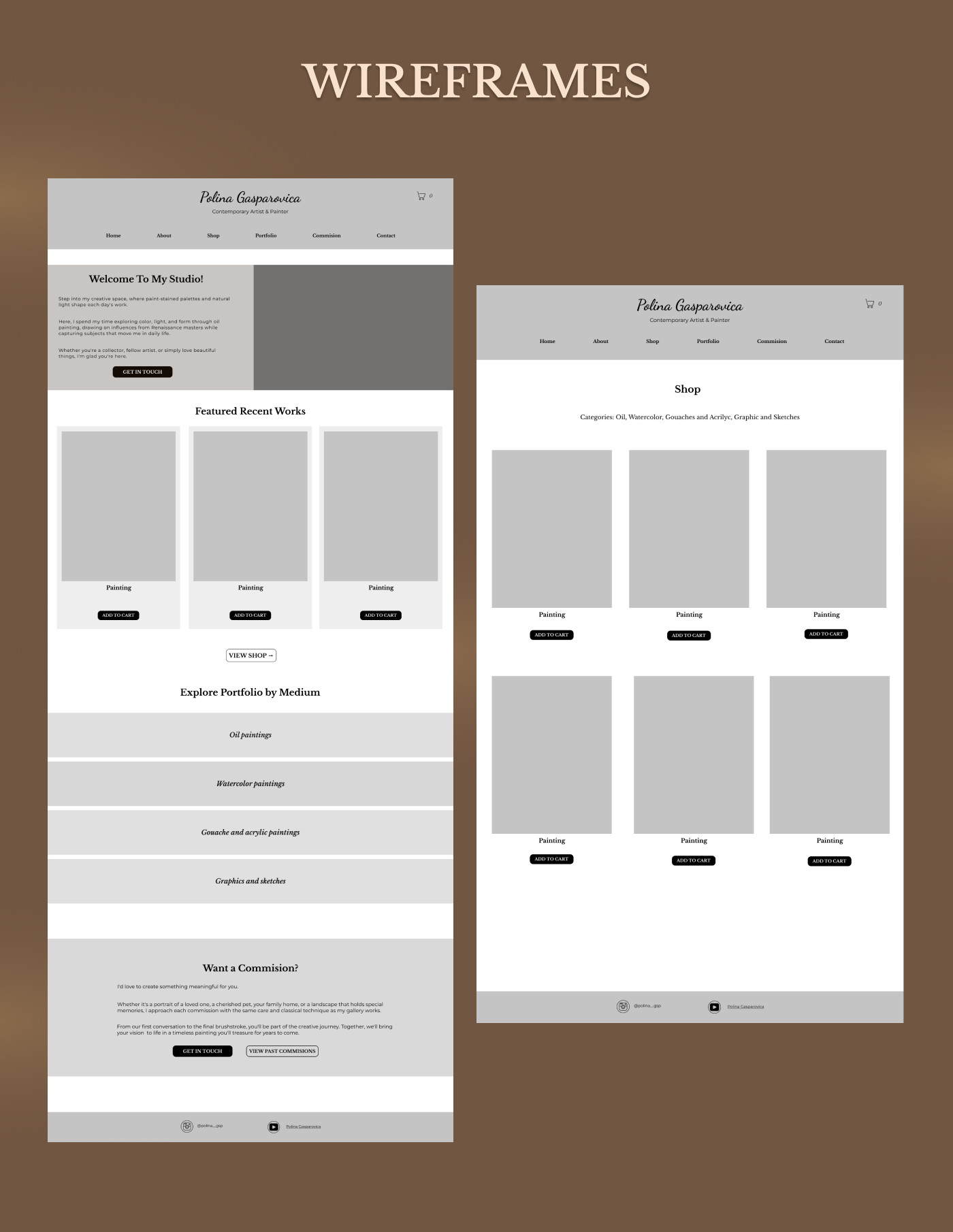 Low fidelity grayscale wireframes for the Polina Gasparovica homepage and shop
