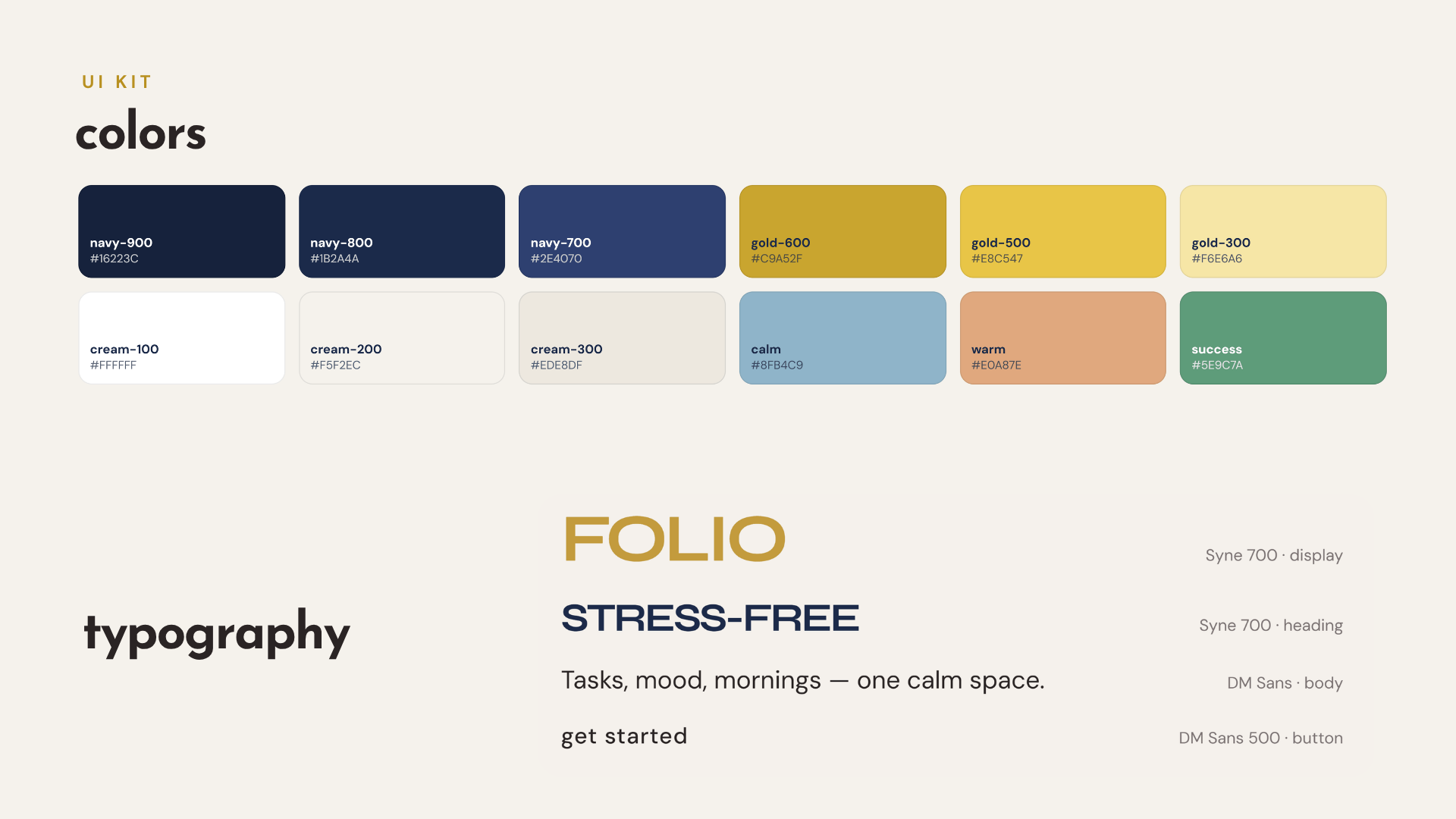 Folio UI kit — colour swatches and typography scale