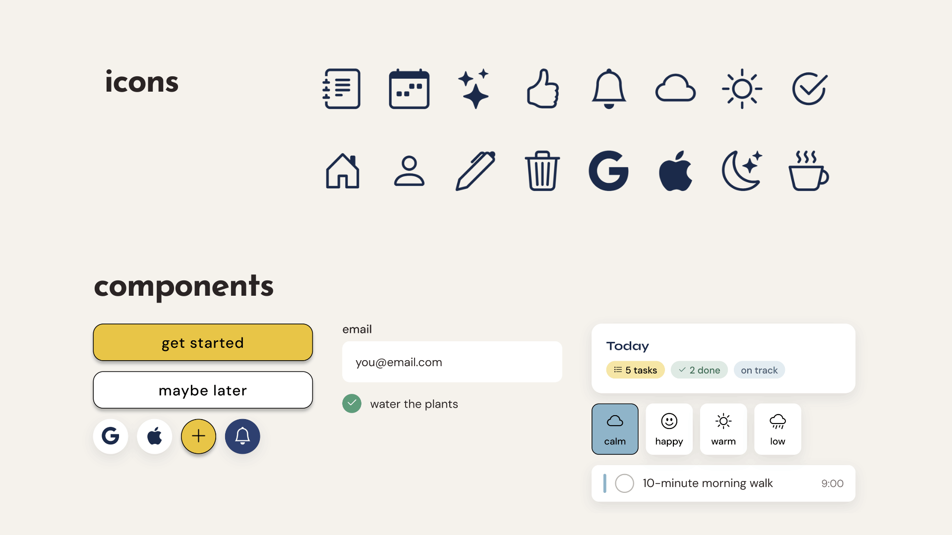 Folio icon set and components — buttons, input fields, task cards and mood picker