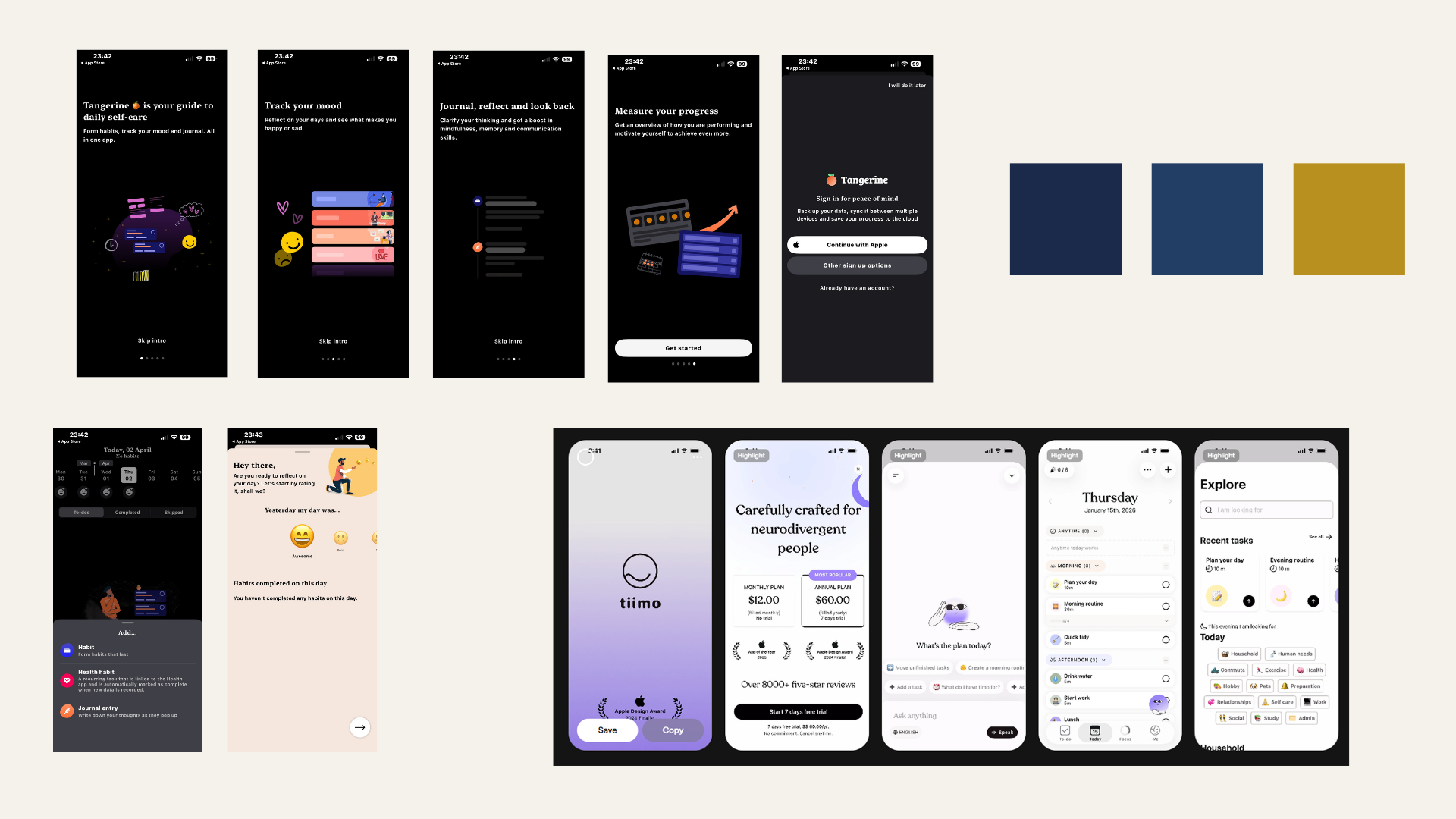 Folio mood board — competitor planner screens and early navy and gold colour exploration