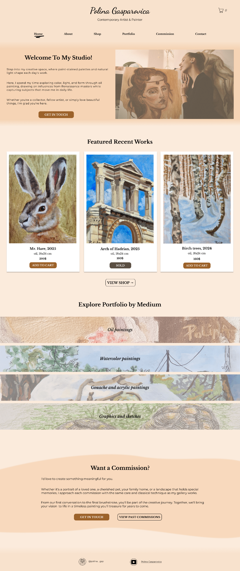 Polina Gasparovica — homepage with welcome, featured works and portfolio categories