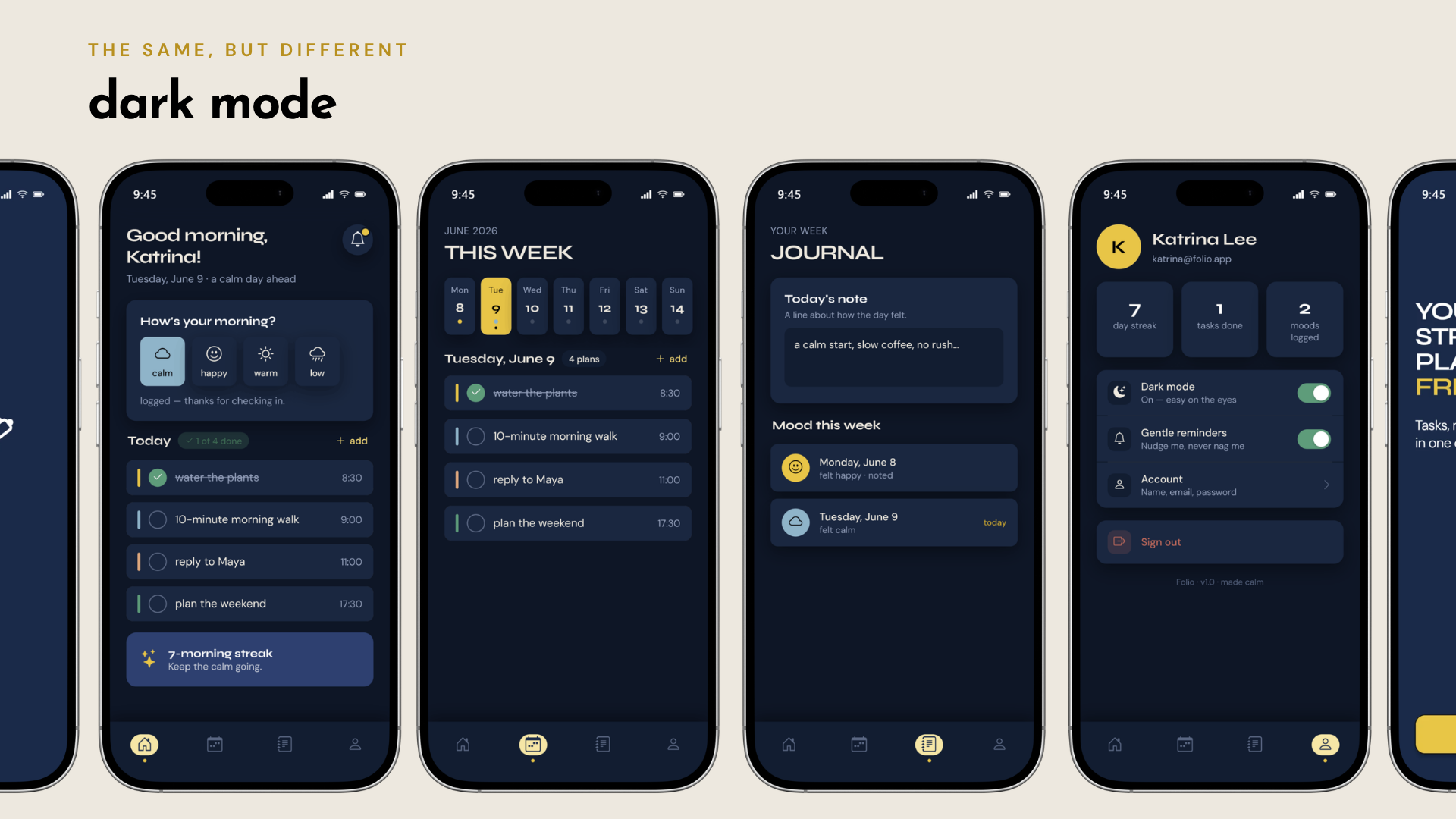 Folio — dark mode across home, week, journal and profile
