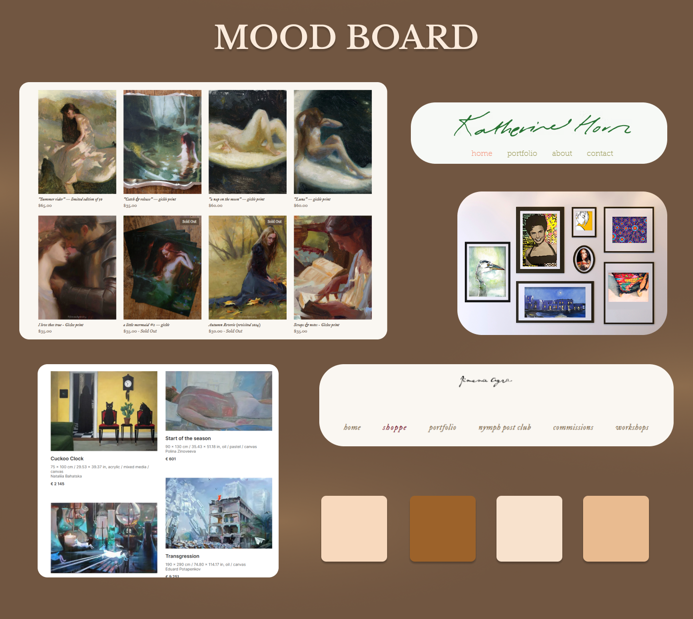 Polina Gasparovica inspiration mood board with artist websites, framed art and warm neutral colour swatches