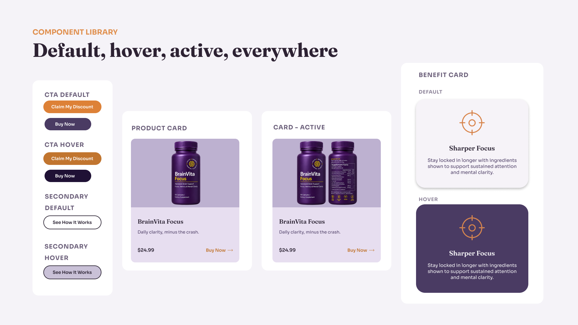 BrainVita component library with default, hover, and active states