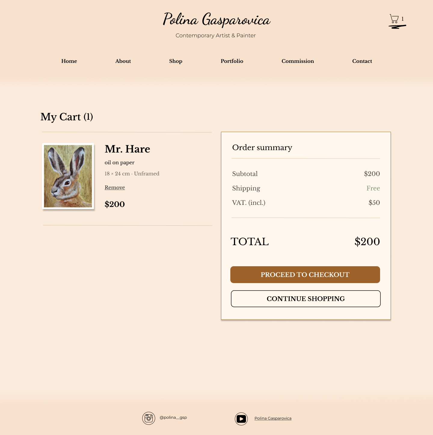 Polina Gasparovica shopping cart with one artwork and order summary