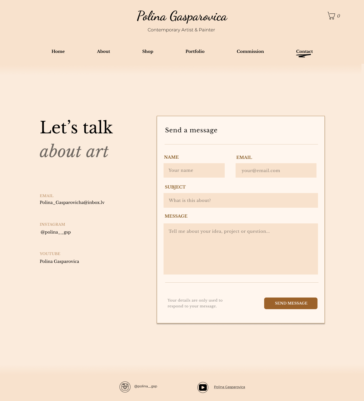 Polina Gasparovica contact page with direct channels and send a message form