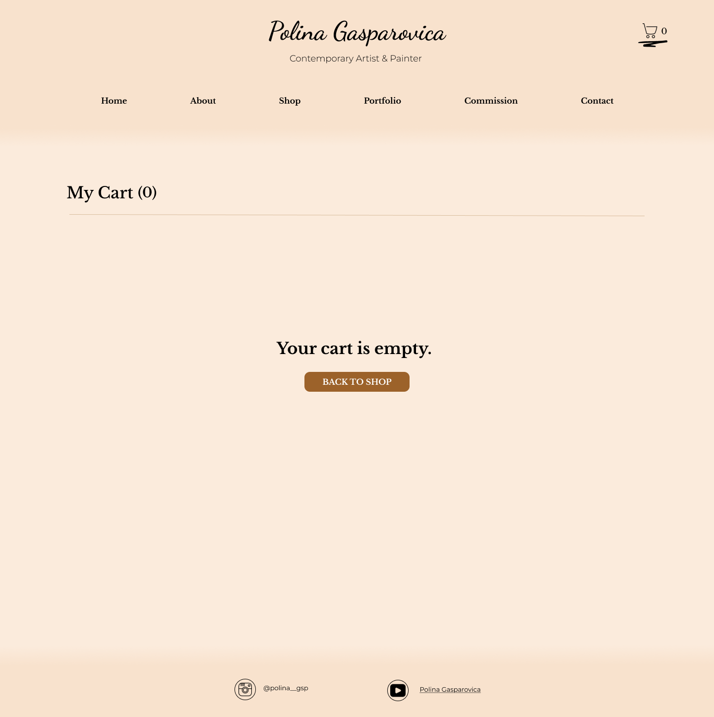 Polina Gasparovica empty shopping cart page with My Cart (0) heading, empty-cart message, and Back to Shop button