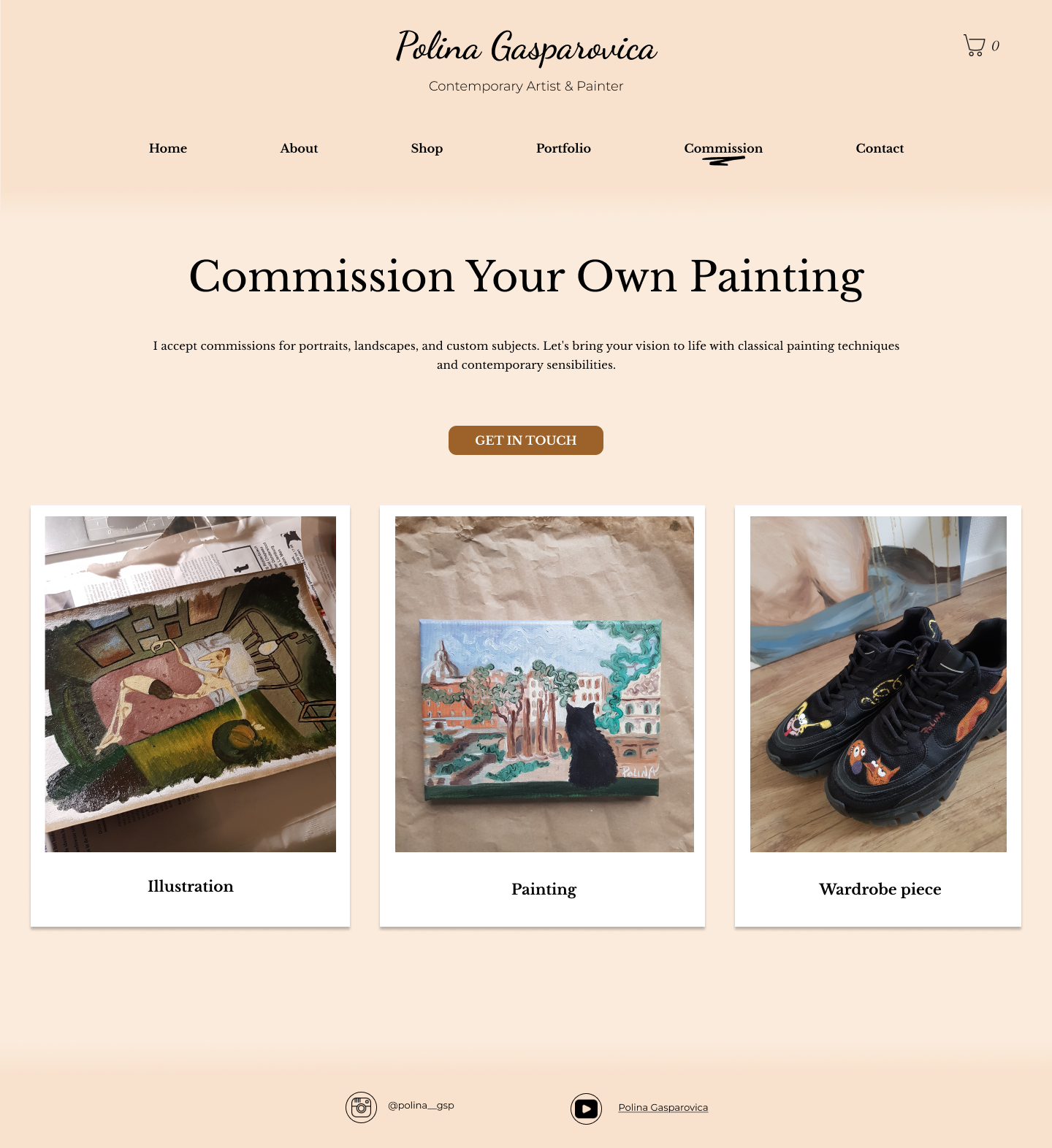 Polina Gasparovica — commissions page with illustration, painting and wardrobe categories