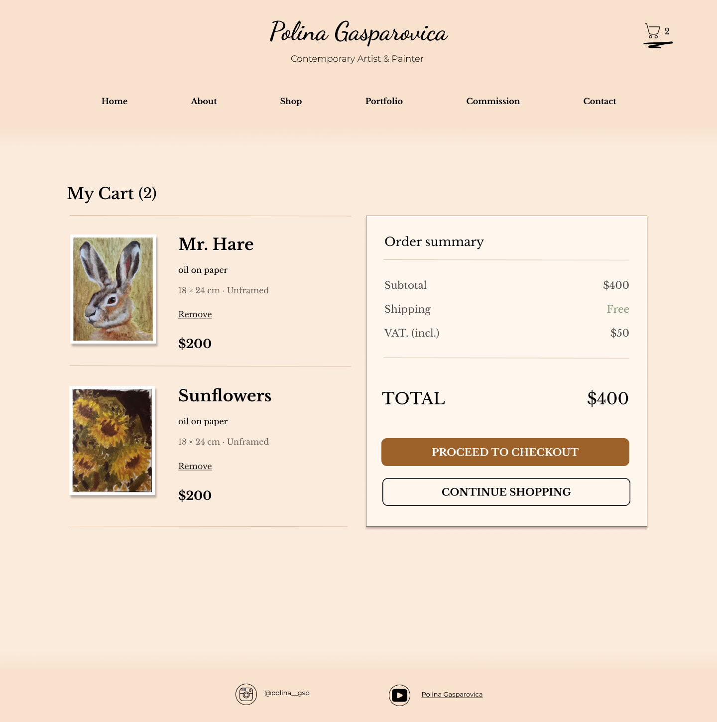 Polina Gasparovica shopping cart with two artworks and order summary